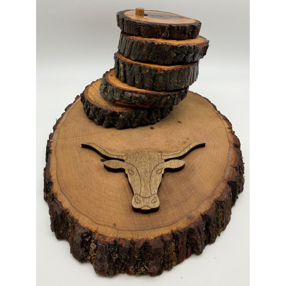 Rustic Live Edge Wood Coaster Set with Longhorn Bull Emblem and Base‎ Stand 6pc